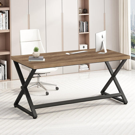 IBF Rustic Computer Desk, Modern Metal Home Office Desk, Farmhouse Work Study Writing Desk in Bedroom, Minimalist Wood Laptop Executive Workstation Computer PC Gaming Table, Rustic Oak, 55 in IBF