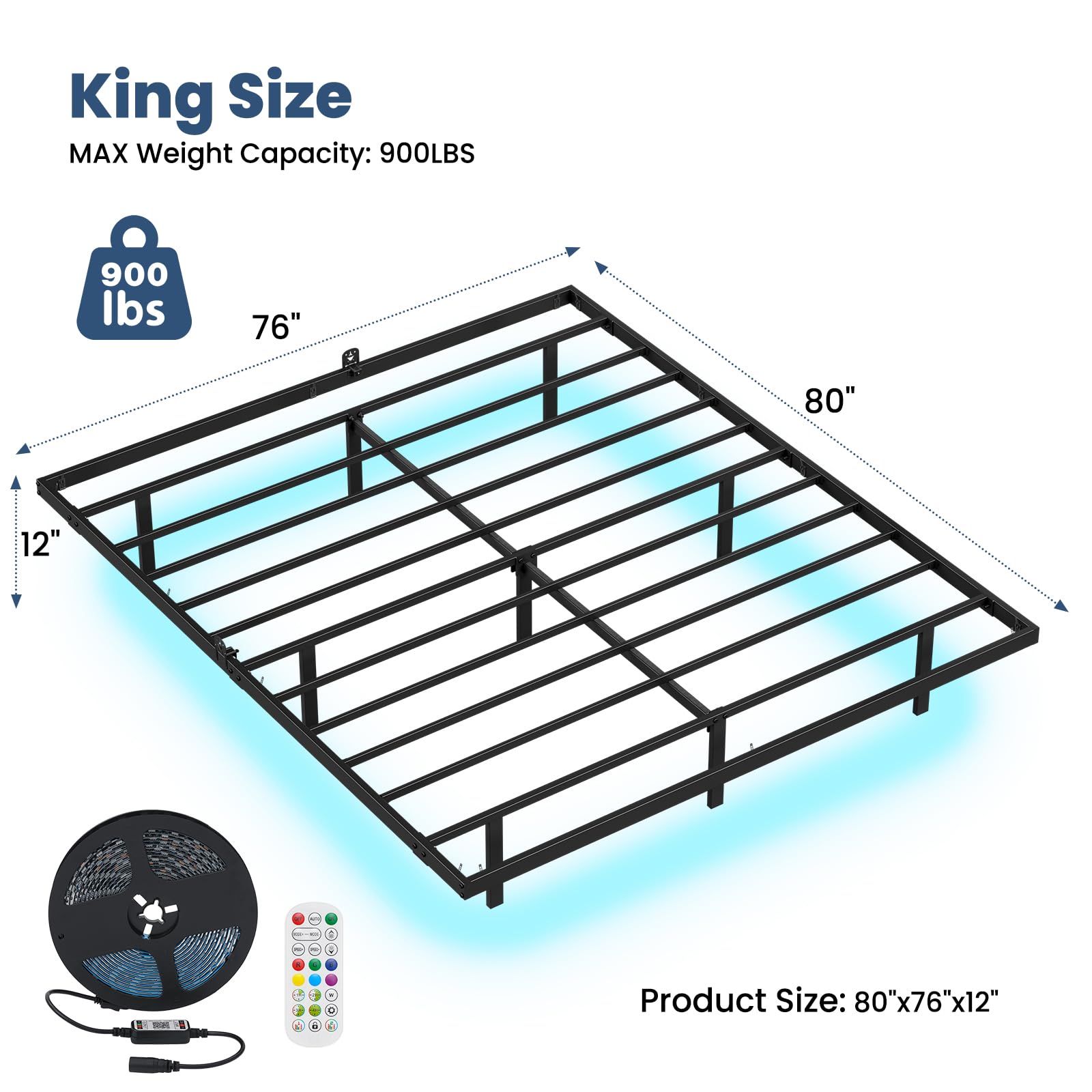 LUSIMO King Size Floating Bed Frame with LED Lights & Under-Bed Storage, Heavy Duty Metal Platform, 12 Inch Height - WoodArtSupply