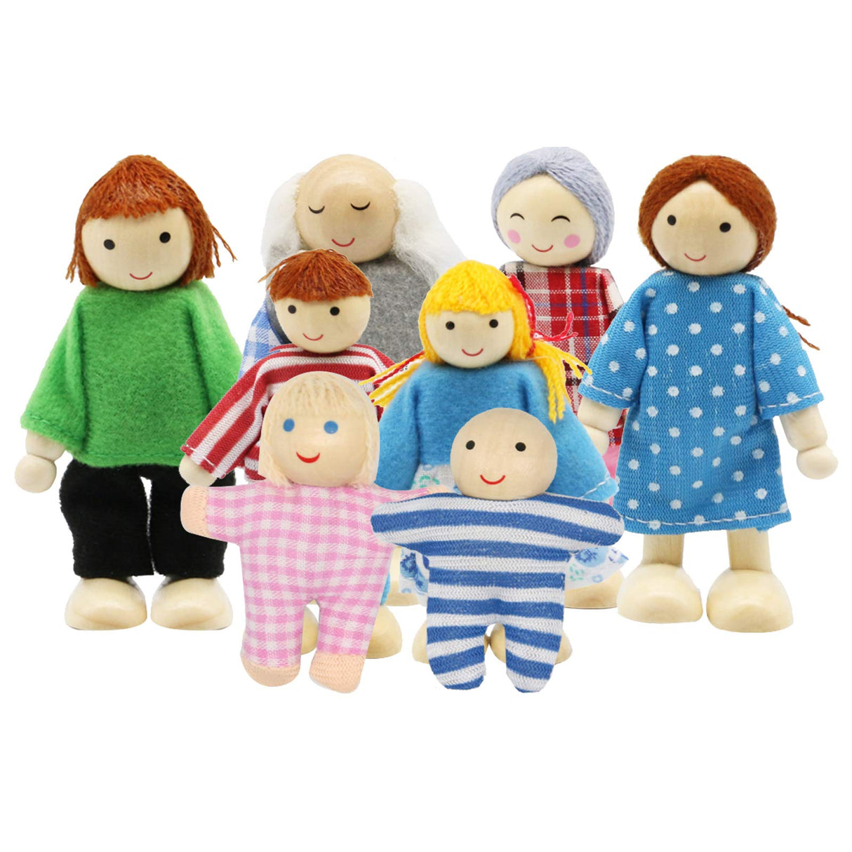 PUCKWAY Lovely Family Dollhouse Dolls Set of 8 Wooden Figures, Kids Girls Happy Playset Characters Accessories for Children Pretend Gift PUCKWAY