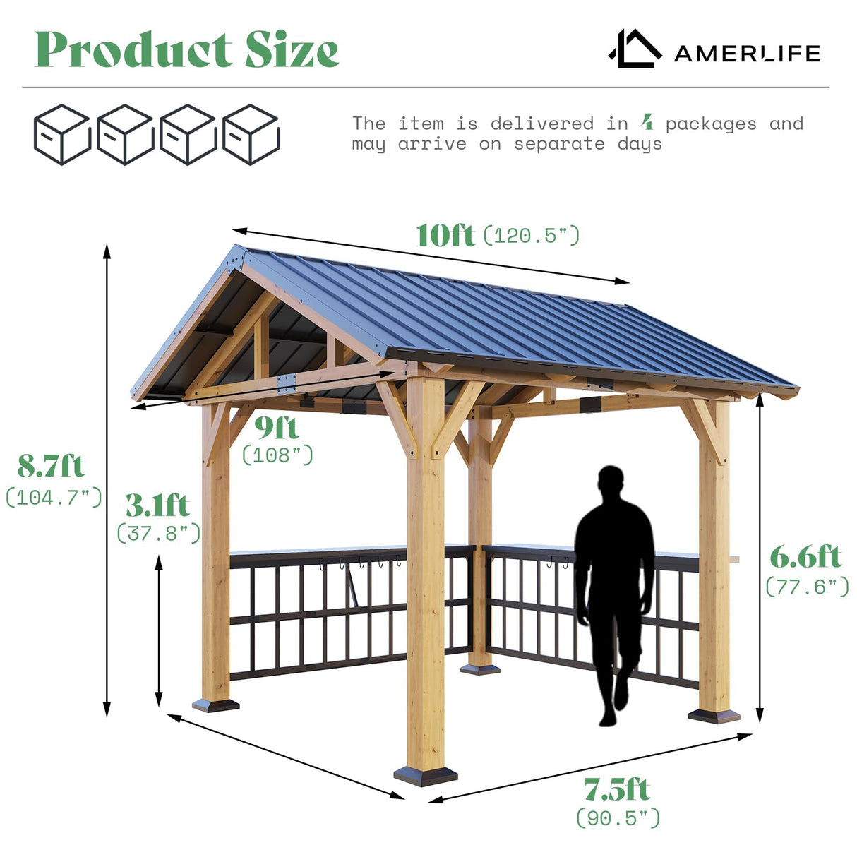 AMERLIFE Solid Wood Gazebo, Hardtop Gazebo with Metal Steel Gable Roof with Guest House for Garden, Porch, Patio, Black + Natural Wood (9 x10FT) AMERLIFE