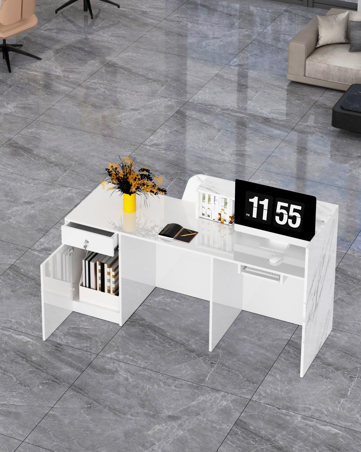 White Reception Desk, Solid Wood Reception Desk with Counter, Check Out Stand with Lockable Drawer & Cabinet, Retail Checkout Counter for Office, Store, Beauty Salon (White Grille-R, 63in) Gguileb
