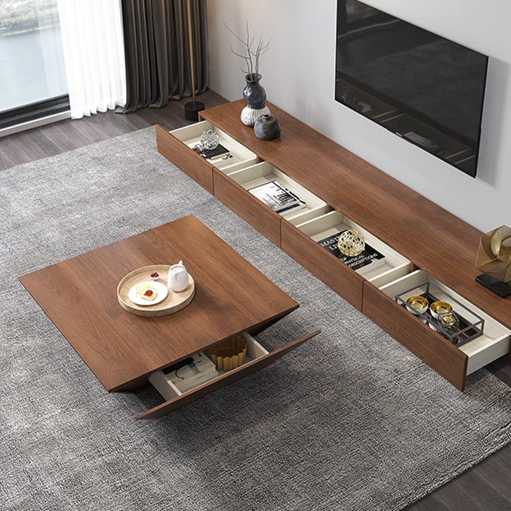 POVISON Modern Coffee Tables for Living Room, Square Coffee Table with Storage, Wood Coffee Table with Drawers, 39.4" Walnut Trapezoidal Living Room Tables for Home Office, Fully Assembled - WoodArtSupply