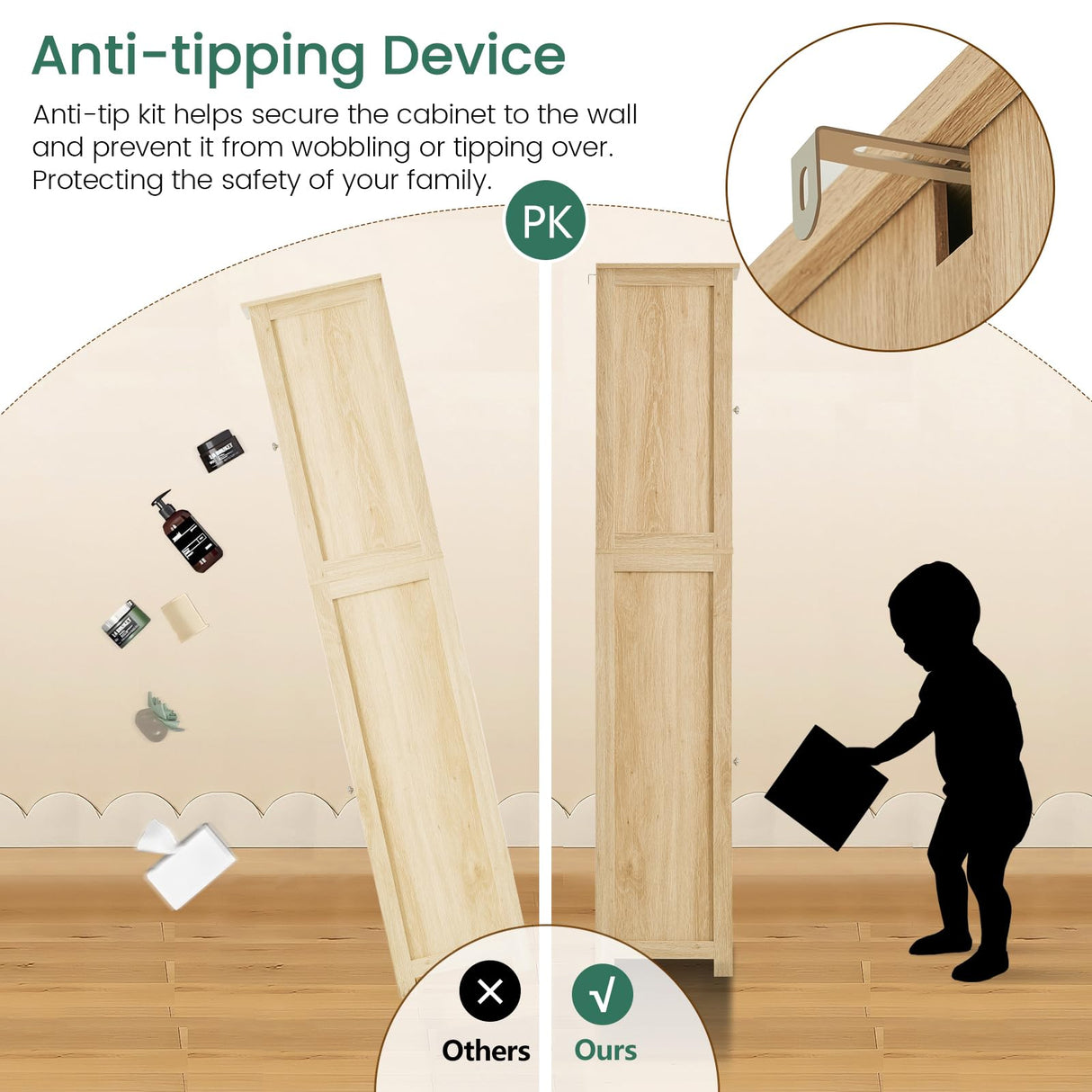 Iwell Tall Bathroom Cabinet with Doors, Rattan Storage Cabinet with Adjustable Shelves, Freestanding Narrow Linen Cabinet for Living Room, Entryway, Kitchen, Home Office, Natural Iwell