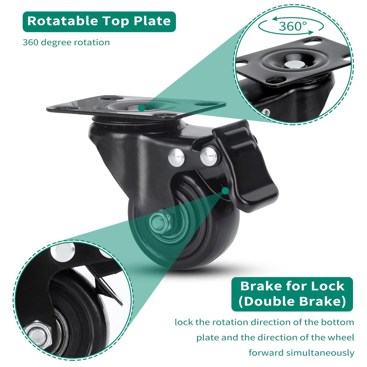 PRITEK 2 inch Caster Wheels, Heavy Duty Casters No Noise No Marking Lockable 360 Degree Swivel Casters for Furniture Cart Cabinet Bench Ottoman (650lbs/4pcs, Screws,Washers & Screwdriver Included) PRITEK