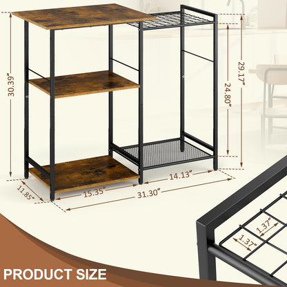 Rustic Brown 5-Tier Kitchen Stand with Pots Rack and 6 S Hooks - Multifunctional Storage Solution for Microwaves and Coffee Bars - WoodArtSupply