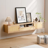 VINGLI 58" Rattan Floating TV Stand, Wall Mounted Entertainment Center with Storage and Drawer, Media Console with Storage Cabinet Shelf Under TV for Living Room, Natural Oak VINGLI