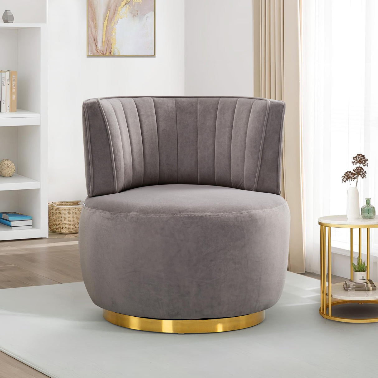 SLEERWAY 360° Swivel Barrel Chair, Modern Velvet Round Accent Chair, Comfy Upholstered Small Armchair with Gold Metal Base for Living Room Bedroom Nursery Office Sillas para Sala, Gray SLEERWAY