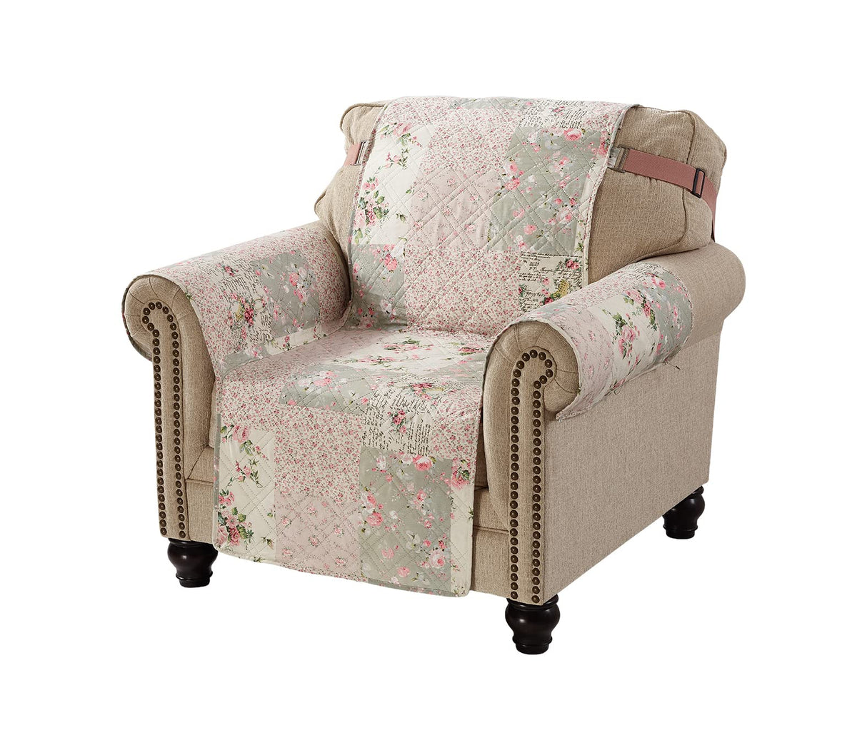 Brilliant Sunshine Traditional Rose and Sage Patchwork Quilted Chair Slipcover, 23" Seat Width, Slip Resistant Furniture Protector, 2" Strap, Washable Armchair Cover for Kids, Dogs, Cats, Rose Sage Brilliant Sunshine