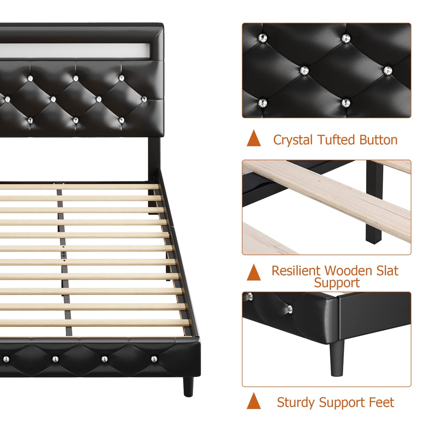 Keyluv Modern Upholstered King Size Bed Frame with LED Lights and Adjustable Crystal Tufted Headboard - WoodArtSupply