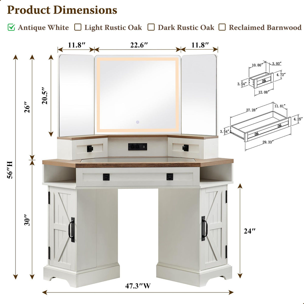T4TREAM 48" Corner Vanity Desk with 3 Way Mirror and Lights, Farmhouse Makeup Vanity with Charging Station & Glass Top, Dressing Table with 3 Drawers, 2 Cabinets & Adjustable Shelves (Antique White) T4TREAM