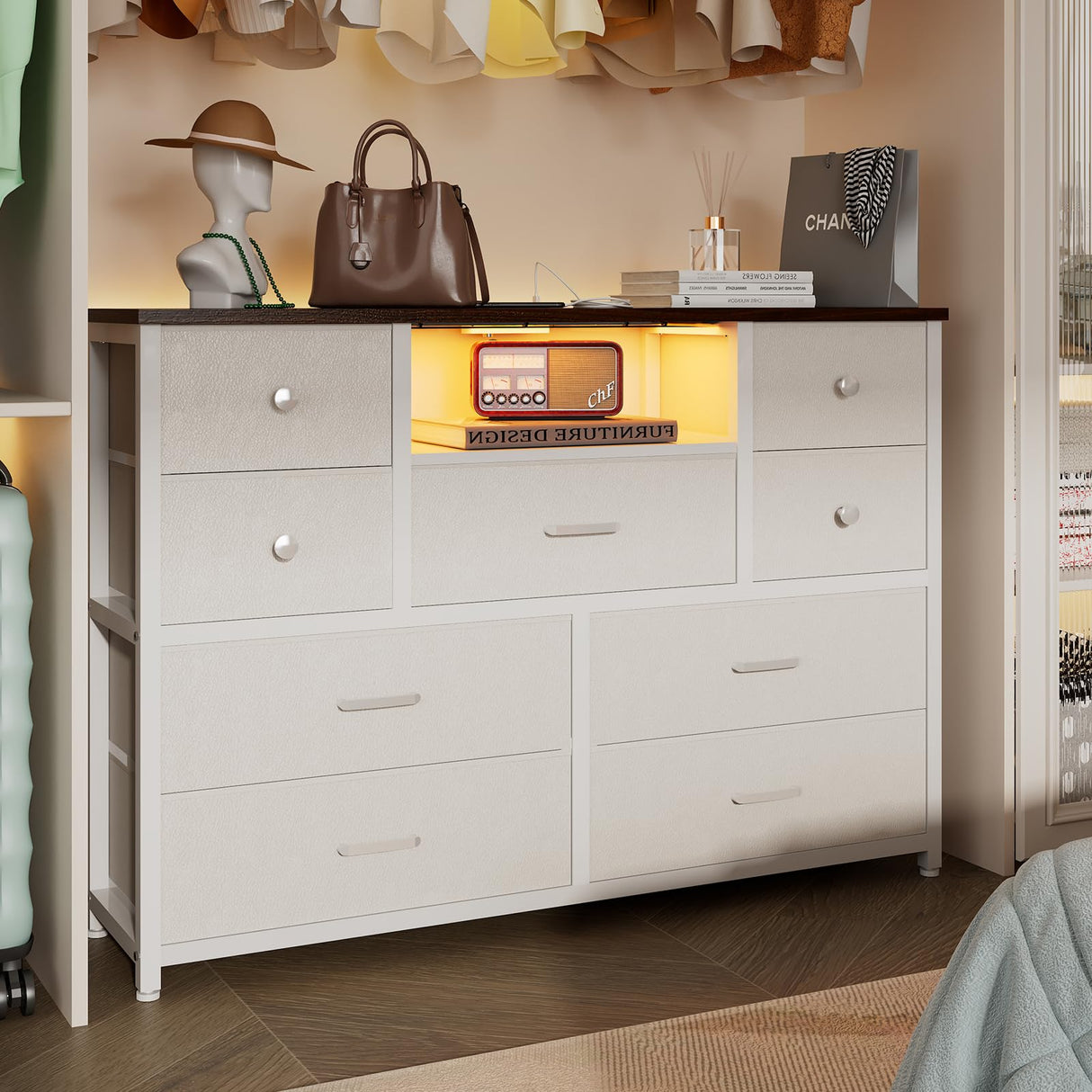 Dresser for Bedroom with 9 Drawers, White Storage Organizer TV Stand for 55" TV with LED Lights and Sockets, Fabric Chest of Drawers with PU Finish for Kid Room, Entryway, Living Room, Hallway LIWEIJIA