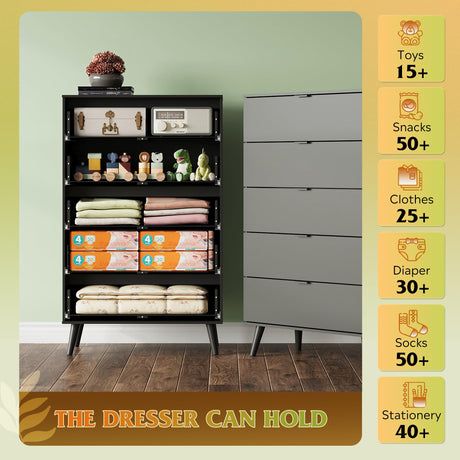 WLIVE 5 Drawer Dresser for Bedroom, Tall Wooden Dresser, Black Dressers Storage Organizer with Sturdy Metal Handle, Chest of Drawers for Living Room, Hallway, Closet WLIVE