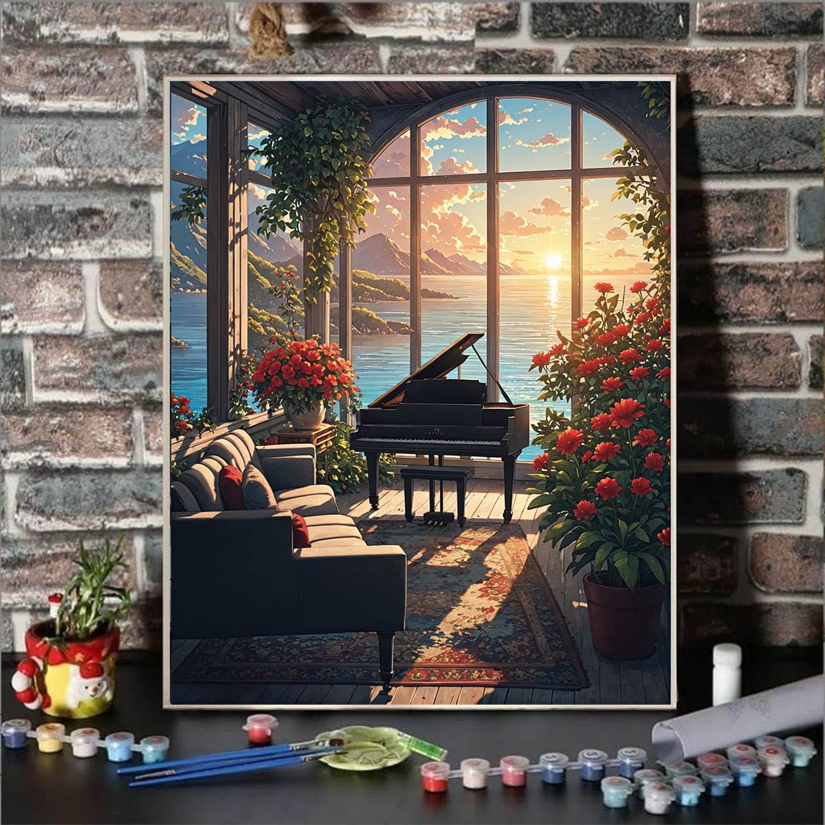 Lovepefe Beach Piano Paint by Numbers Kit for Adults Beginners Ocean Music Room DIY Oil Painting by Number Kits on Canvas Pretty Musical Art Painting by Numbers for Gifts Home Wall Decor 16x20 Inch Lovepefe