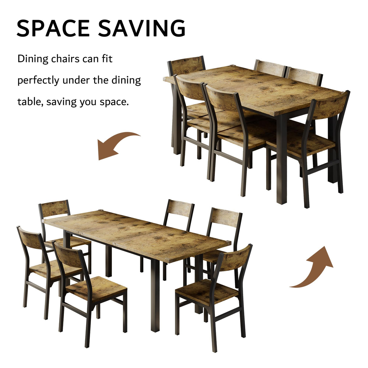 iPormis 7 Pieces Dining Table & Chairs Set for 4-8, 63" Extendable Kitchen Table and 6 Chairs, Dining Room Table with MDF Board & Metal Frame, Perfect for Small Space, Easy Clean, Rustic Brown iPormis