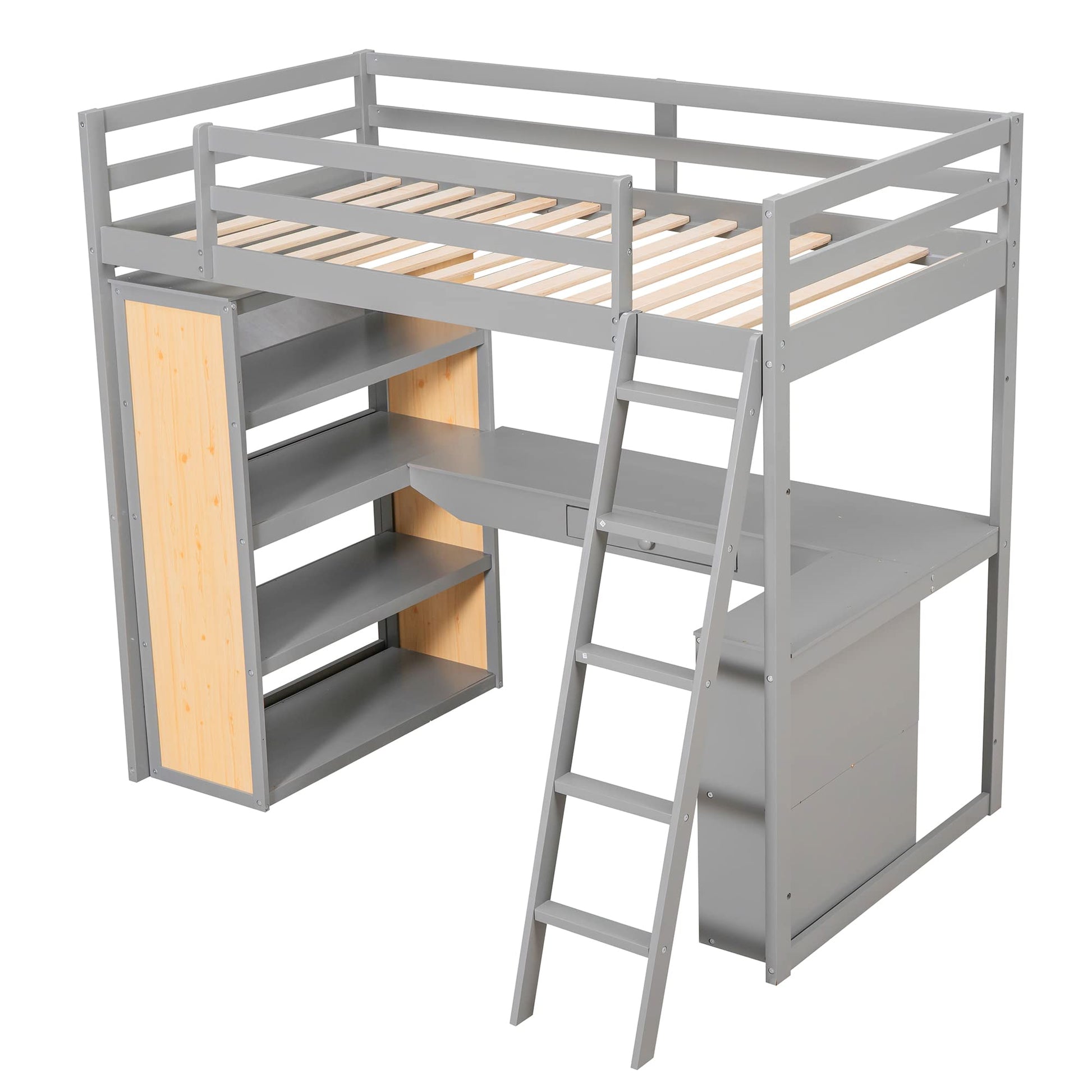 Harper & Bright Designs Twin Loft Bed with Desk, Shelves, and Storage in Grey - WoodArtSupply