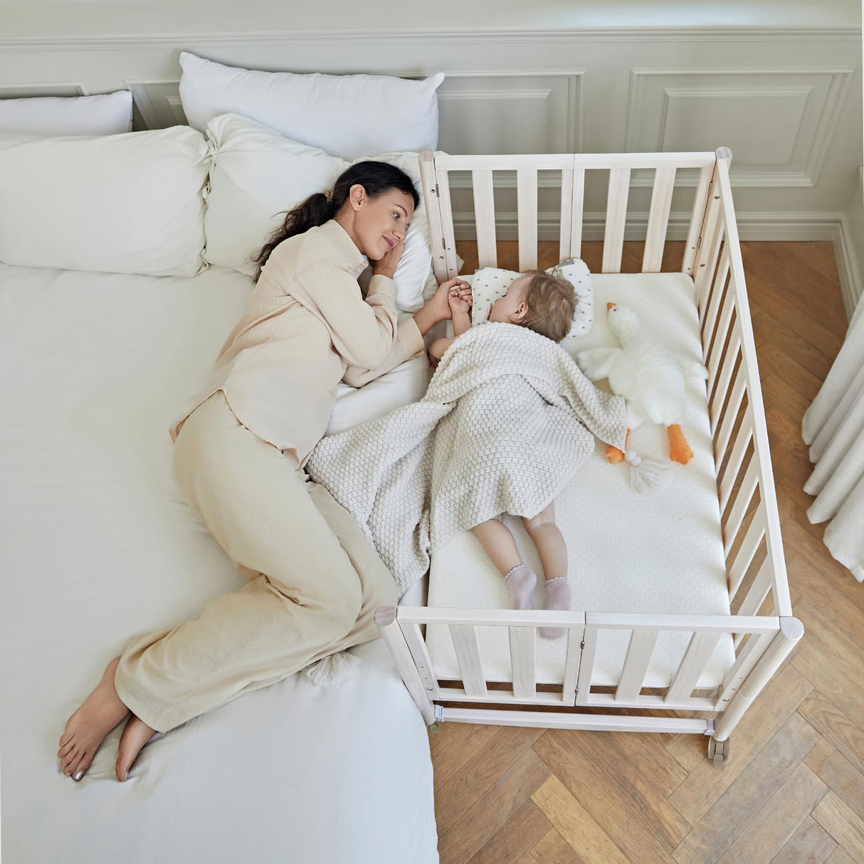 MAMAZING EvoNook 6-in-1 Convertible Mini Crib - Easy Assembly, Portable Folding Baby Mini Crib with Mattress, 100% New Zealand Pinewood, 4 Adjustable Mattress Heights, Washed Nature with Mattress MAMAZING