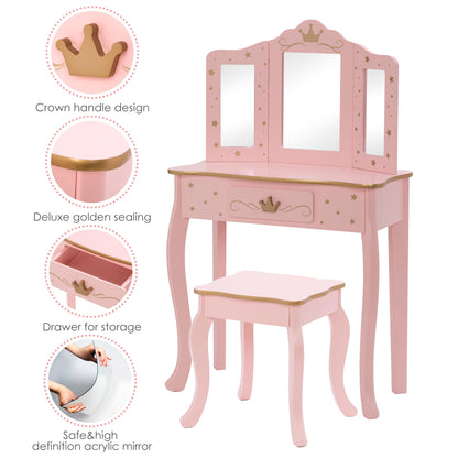 UTEX Pretend Play Kids Vanity Set with Mirror and Stool, Kids Make Up Vanity Desk with Mirrror for Little Girls, Children Makeup Dressing Table with Drawer, Pink