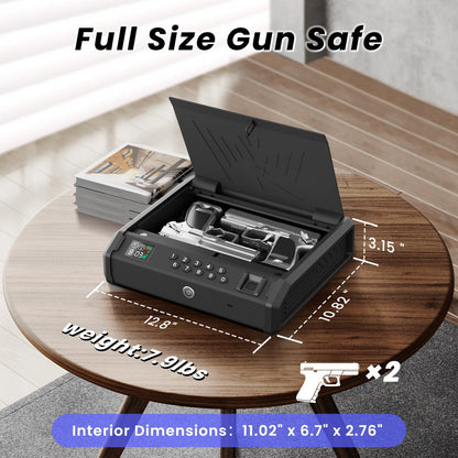 MOJOHAND Gun Safe for Pistols with LCD Display of Temperature Humidity, Fingerprint Quick-Access, Firearm Safety Device with Keys, Smart Handgun Safe for Nightstand, Car, 2 Gun Capacity