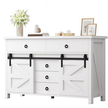YITAHOME 54" Farmhouse Dresser for Bedroom, Large Modern Chest of Drawers, Wood Rustic Dresser TV Stand with 5 Drawers & 2 Sliding Barn Doors for Living Dining Room, Entryway, Hallway, White YITAHOME