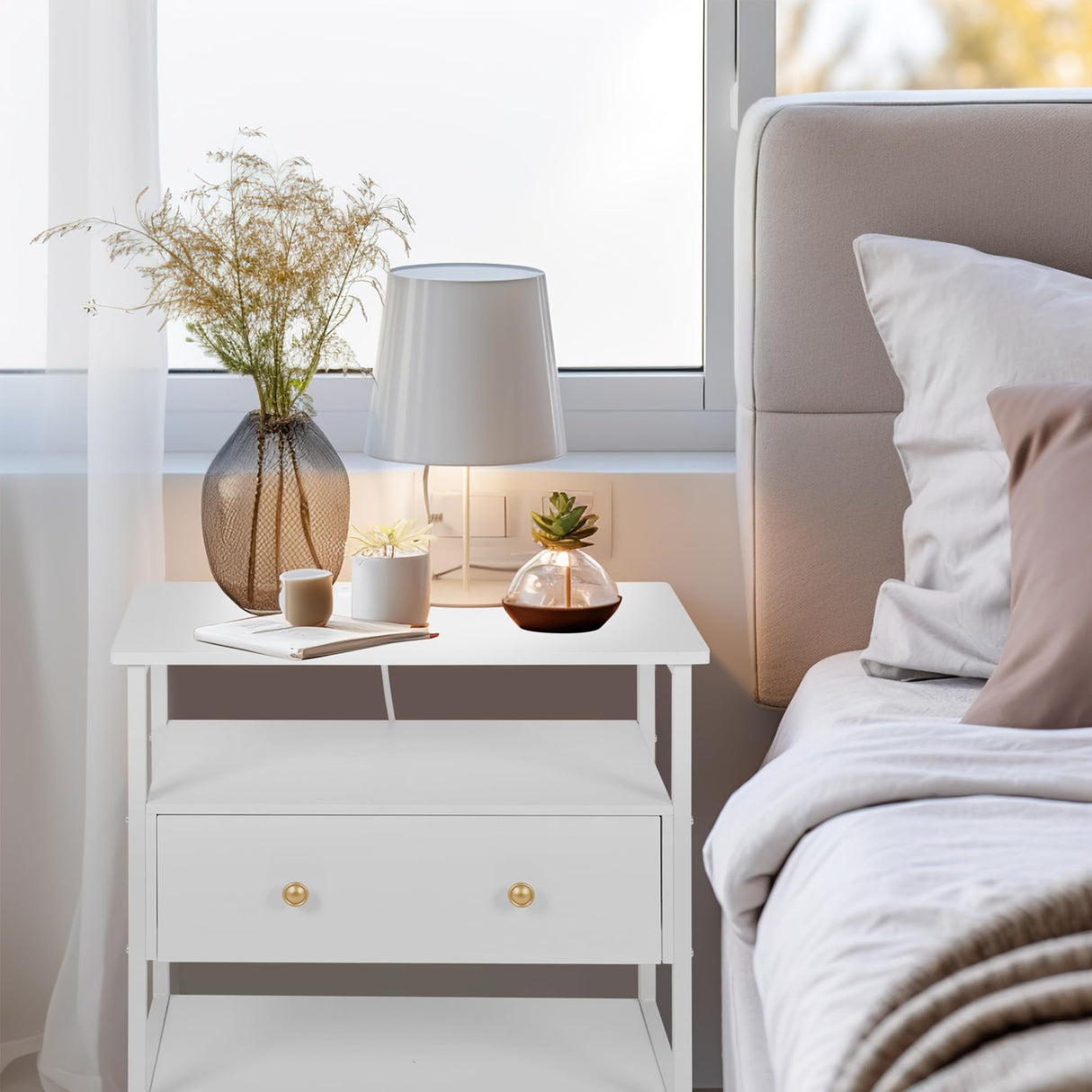 Edbuosy 27 inch Wide Nightstand Set of 2 with LED,Side Table with One Wooden Drawer，Nightstand with Charging Station,End Table Bedside Table with USB Ports and Outlets,White with LED Edbuosy