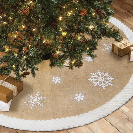 AerWo 48inch Christmas Tree Skirt with White Snowflake, Burlap Tree Skirt with Fur Sides Farmhouse Christmas Tree Skirts for Xmas Decor Festive Holiday Decorations Indoor Outdoor AerWo