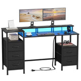 Korfile Computer Desk with Power Outlets & LED Lights, Gaming Desk with 5 Fabric Drawers for Bedroom, 47 Inch Home Office Desk with Monitor Stand & Storage Shelves for Working, Black Korfile