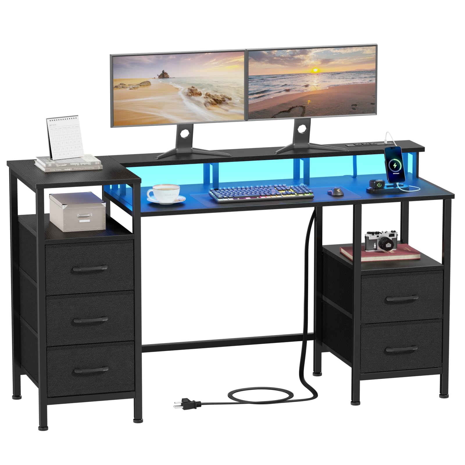 Korfile Computer Desk with Power Outlets & LED Lights, Gaming Desk with 5 Fabric Drawers for Bedroom, 47 Inch Home Office Desk with Monitor Stand & Storage Shelves for Working, Black - WoodArtSupply