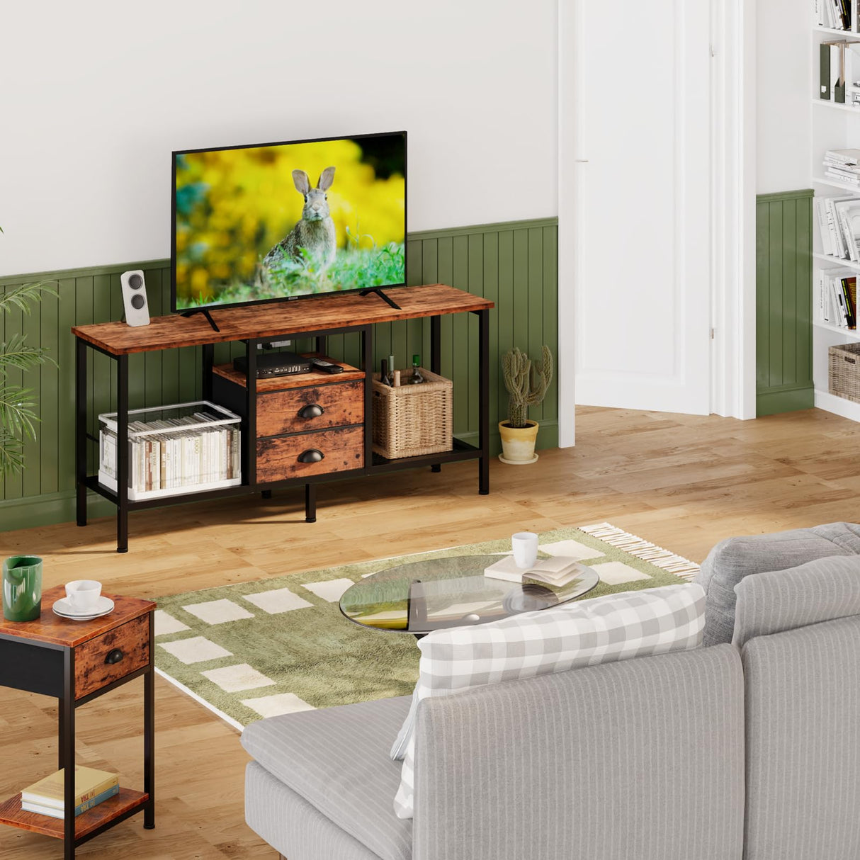 Furologee TV Stand with 2 Fabric Drawers, 42 Inch Small Entertainment Center with Open Storage Shelves, Media Console Table for Bedroom, Living Room, Rustic Brown Furologee