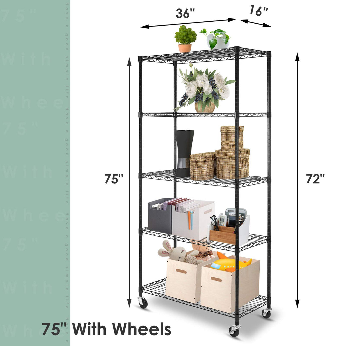 WDT 5 Tier Shelf Shelving Unit with Wheels,Adjustable Metal Shelves for Storage, NSF Certified Wire Shelving Rack,1750Lbs Capacity Heavy Duty WDT