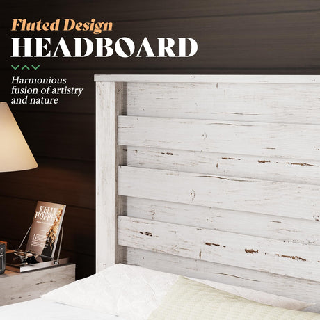 AMERLIFE Farmhouse Full Size Bed Frame with 49" Fluted Headboard, Platform Bed with Natural Wood Grain, No Box Spring Needed/Noise Free, Distressed White AMERLIFE