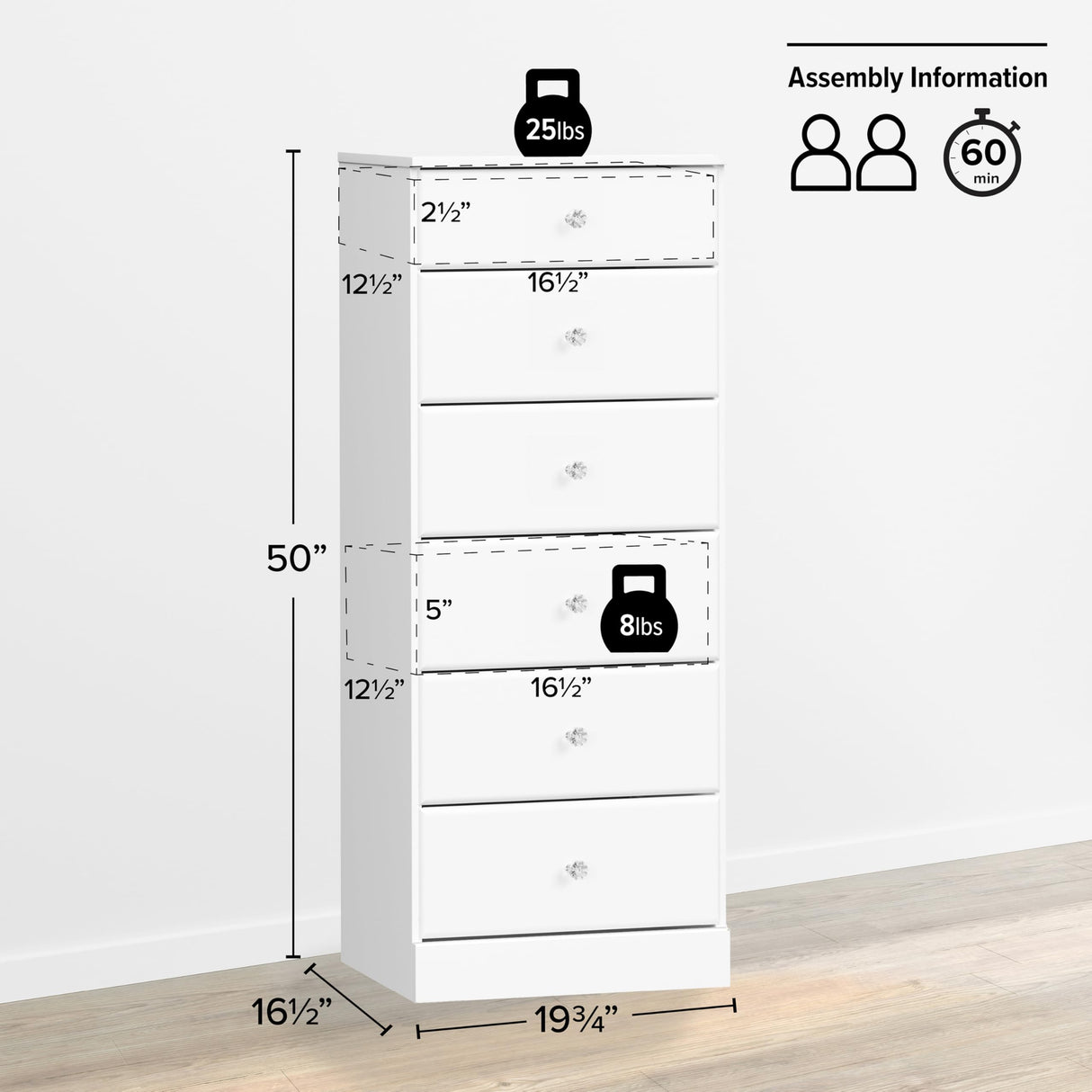 Prepac Astrid Simplistic 6-Drawer Tall Dresser for Bedroom, Functional Chest of Drawers with Acrylic Knobs, 16.5"D x 19.75"W x 50"H, White Prepac