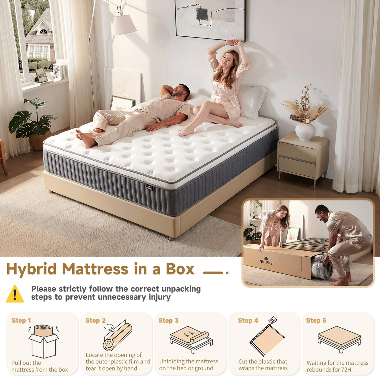 SNFPNE 10 Inch Queen Size Hybrid Mattress with Gel Memory Foam and Individual Pocketed Coils for Motion Isolation & Edge Support, Medium Firmness for Pressure Relief, CertiPUR-US Certified,in a Box SNFPNE