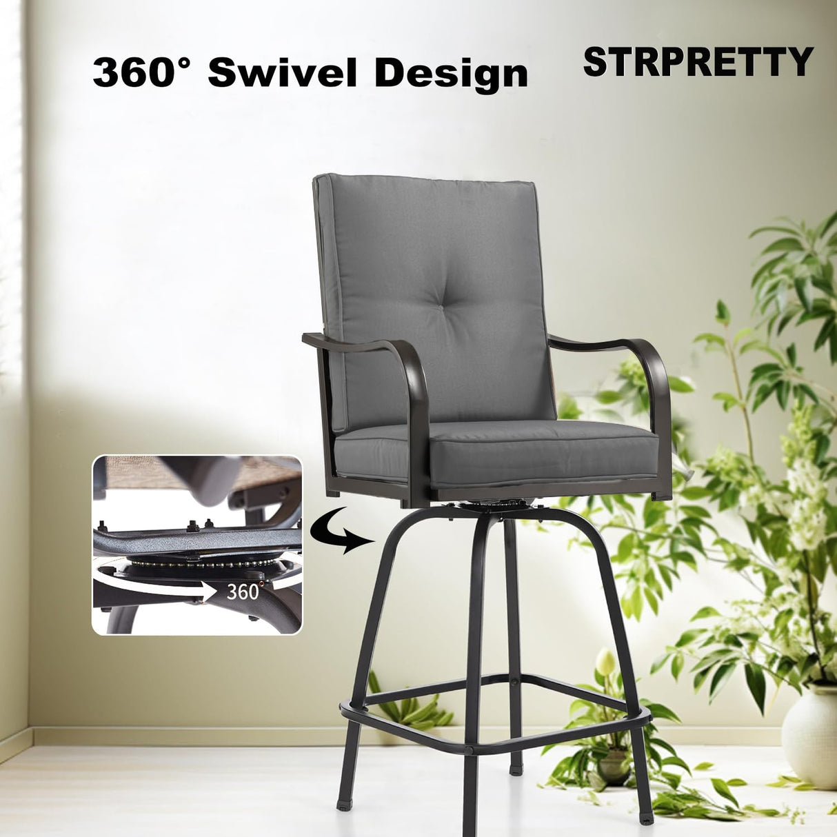 STRPRETTY BASIC Patio Swivel Bar Stools Set of 2, Outdoor Bar Height Patio Swivel Chairs with Cushion for Garden Balcony Backyard (Grey) STRPRETTY BASIC
