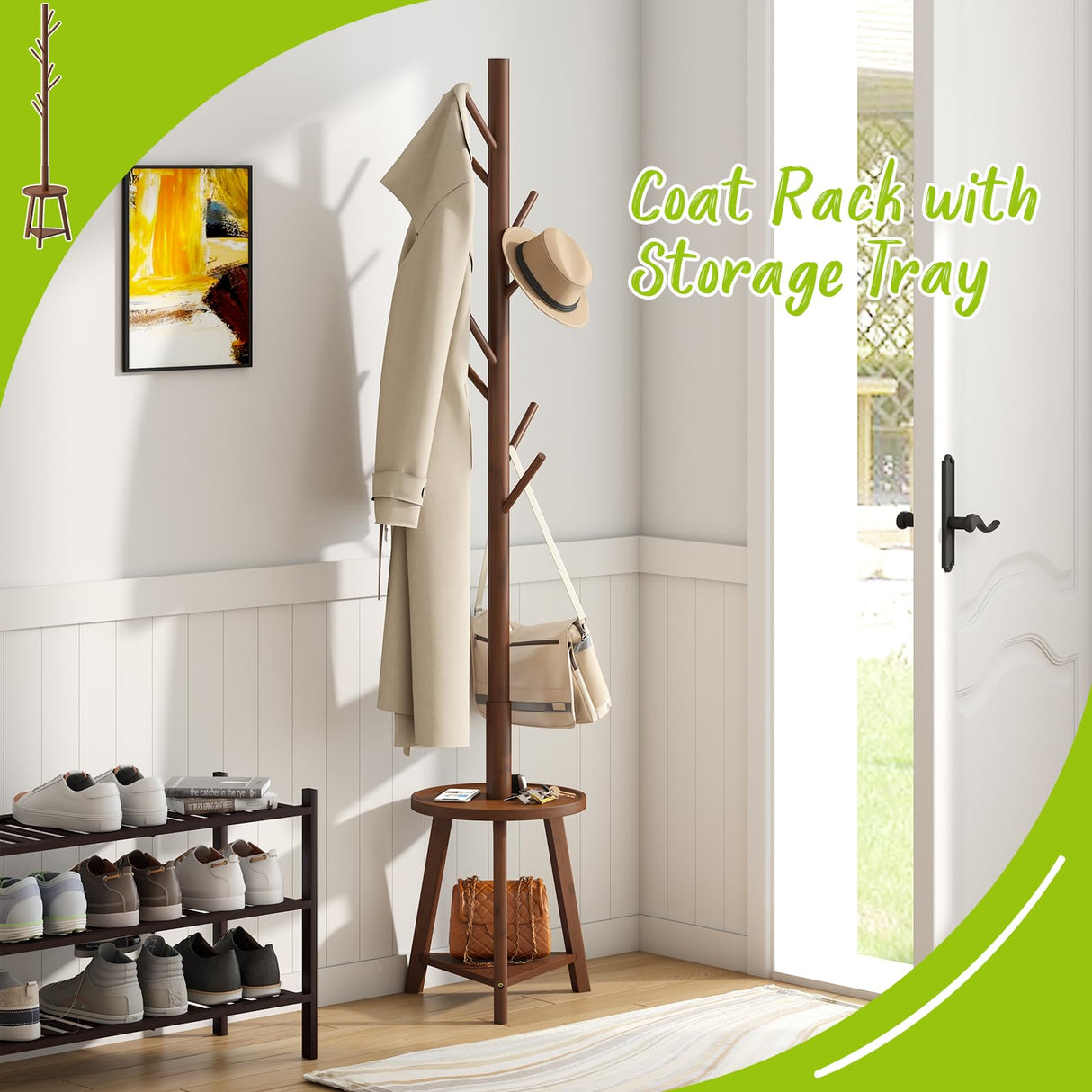 BMOSU Coat Rack freestanding Stand with 2 Shelves Bamboo Wooden Coat Tree Easy Assembly 8 Hooks Standing Jackets Hanger Hallway Office Floor Coat Stand Brown BMOSU