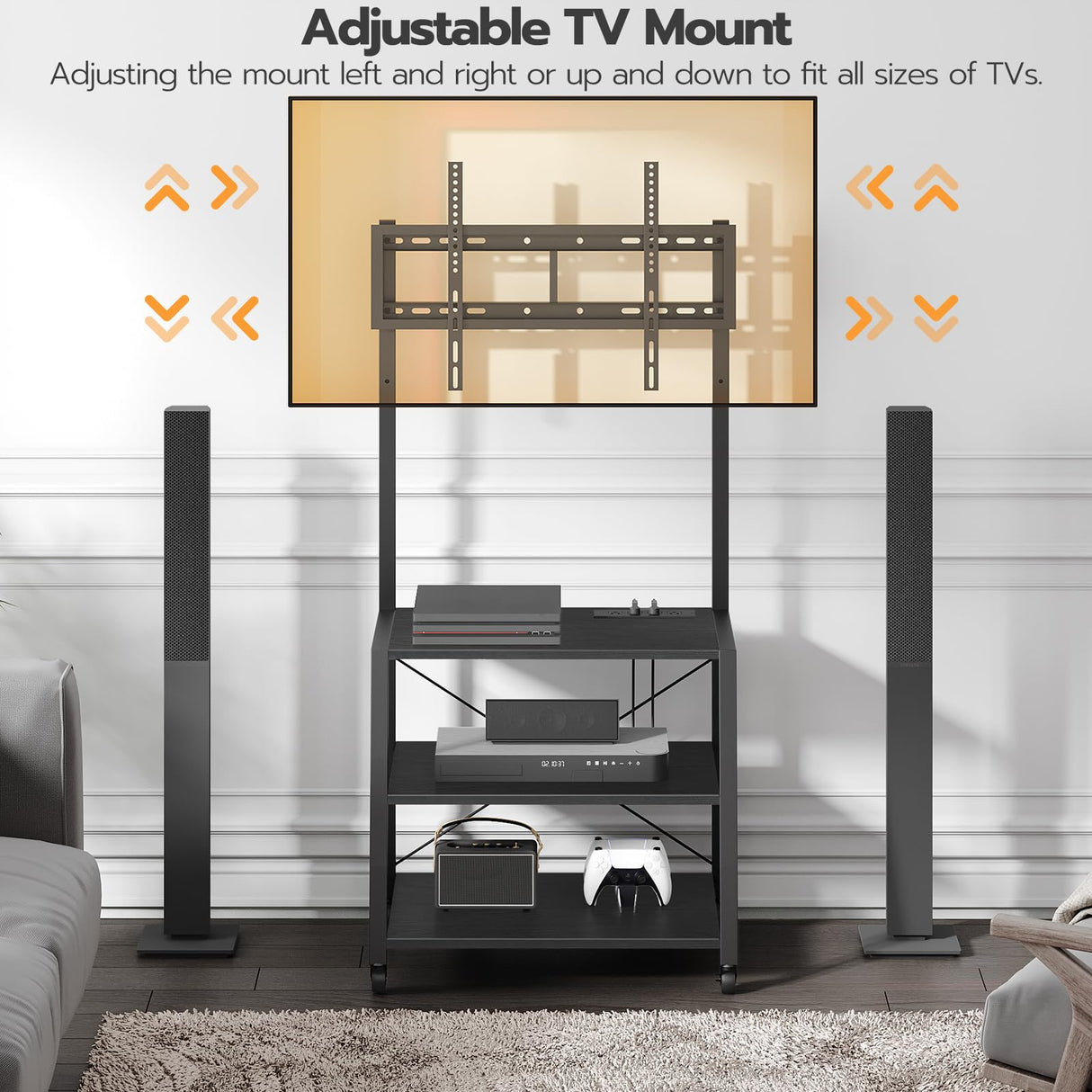 HOOBRO Rolling TV Stand with Mount and Power Outlet Up to 55 inch TVs, Corner Entertainment Center, Small TV Stand with 3-Tier Storage Shelves for Living Room, Bedroom, Black BB66UDS01 HOOBRO