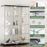 HAMBING Glass Display Cabinet with LED Light & Lock, 4 Shelves 3-Column Display Showcase, 2 Side Doors and Open Center Column, Tempered Glass Curio Cabinet for Bedroom, Living Room - Black HAMBING