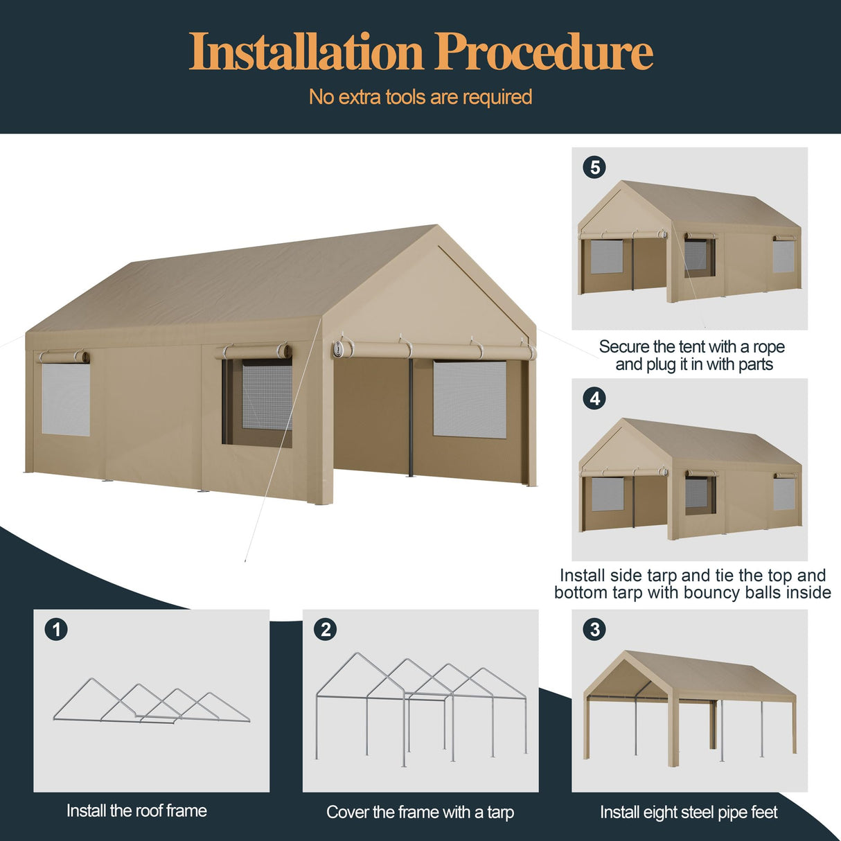 Shintenchi Carport 10' x 20' Heavy Duty Portable Garage, Car Port Canopy with Side-Opening Removable Door & Roll-Up Windows, Car Canopy for Truck, Boat, Motorcycle, Khaki Shintenchi