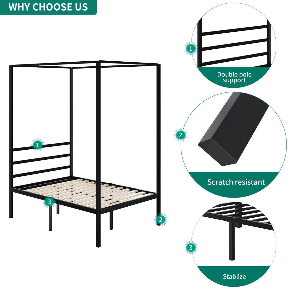 YITAHOME King Size Black Metal Canopy Bed Frame with Headboard and Wooden Slats YITAHOME