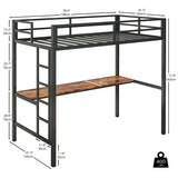 LIKIMIO Twin Loft Bed with Desk, Power Outlet, LED Lights – Space-Saving Metal Frame in Black LIKIMIO