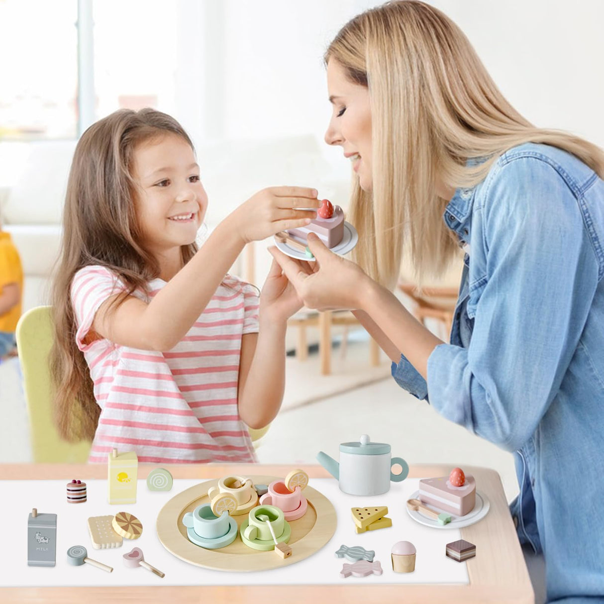 Smartwo Wooden Tea Party Set for Little Girls, 30 PCS Wooden Tea Set for Toddlers 1-3, Pretend Play Kids Wood Tea Set Toy, Play Kitchen Accessories with Play Food, Improve Imagination Smartwo