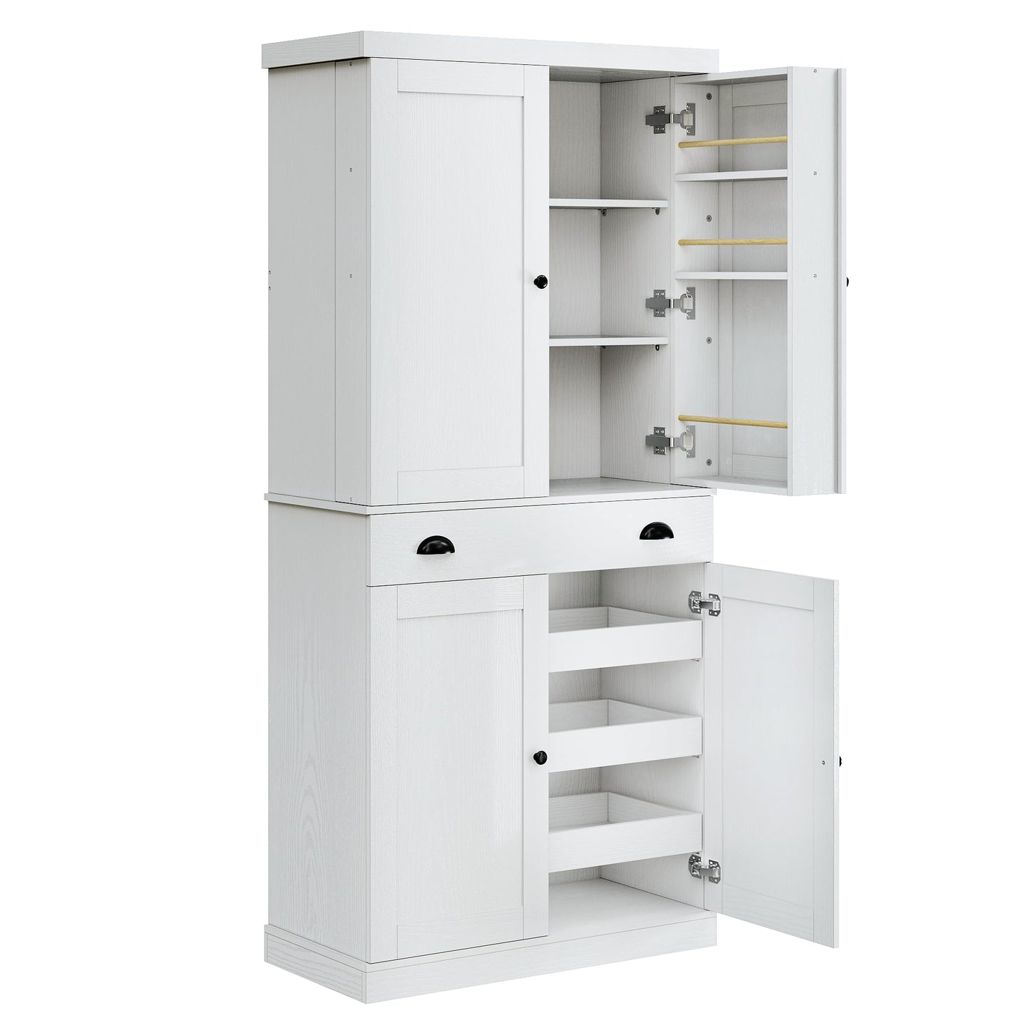 IRONCK Kitchen Pantry Cabinet with Sliding Storage Rack and 6 Hanging Shelves, 72" Height Tall Freestanding Cupboard for Living Room, Dining Room, Laundry, White - WoodArtSupply