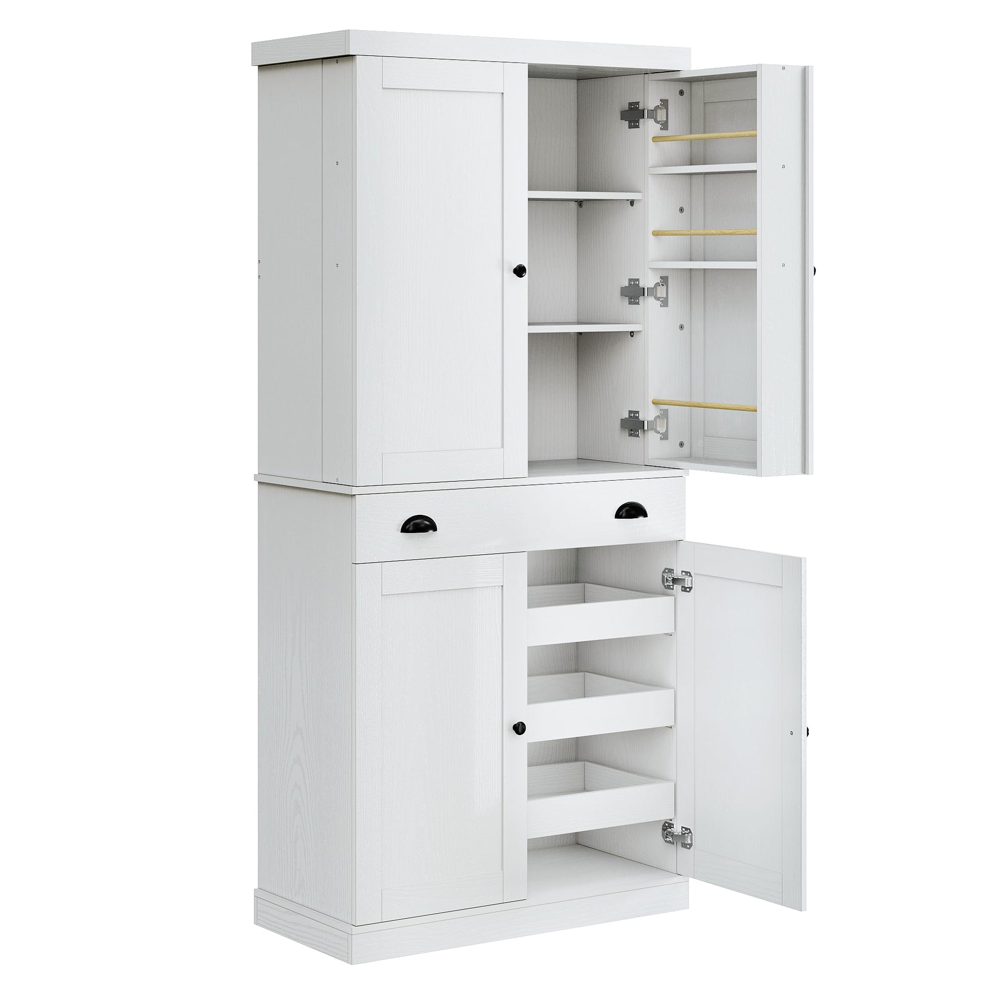 IRONCK Kitchen Pantry Cabinet with Sliding Storage Rack and 6 Hanging Shelves, 72" Height Tall Freestanding Cupboard for Living Room, Dining Room, Laundry, White - WoodArtSupply