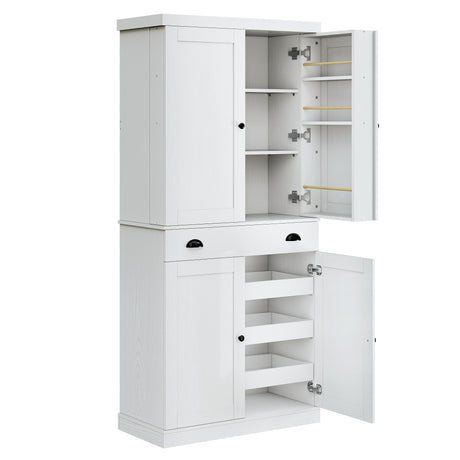 IRONCK Kitchen Pantry Cabinet with Sliding Storage Rack and 6 Hanging Shelves, 72" Height Tall Freestanding Cupboard for Living Room, Dining Room, Laundry, White IRONCK