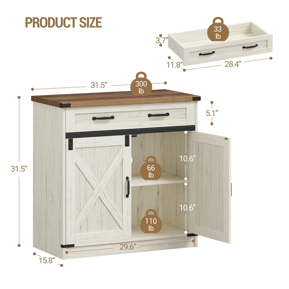 Hzuaneri Kitchen Storage Cabinet, Buffet Cabinet with Storage, Modern Farmhouse Sideboard Cabinets with Drawer, 31.5" Coffee Bar Cabinets with Doors & Adjustable Shelves, for Kitchen, White Brown Hzuaneri