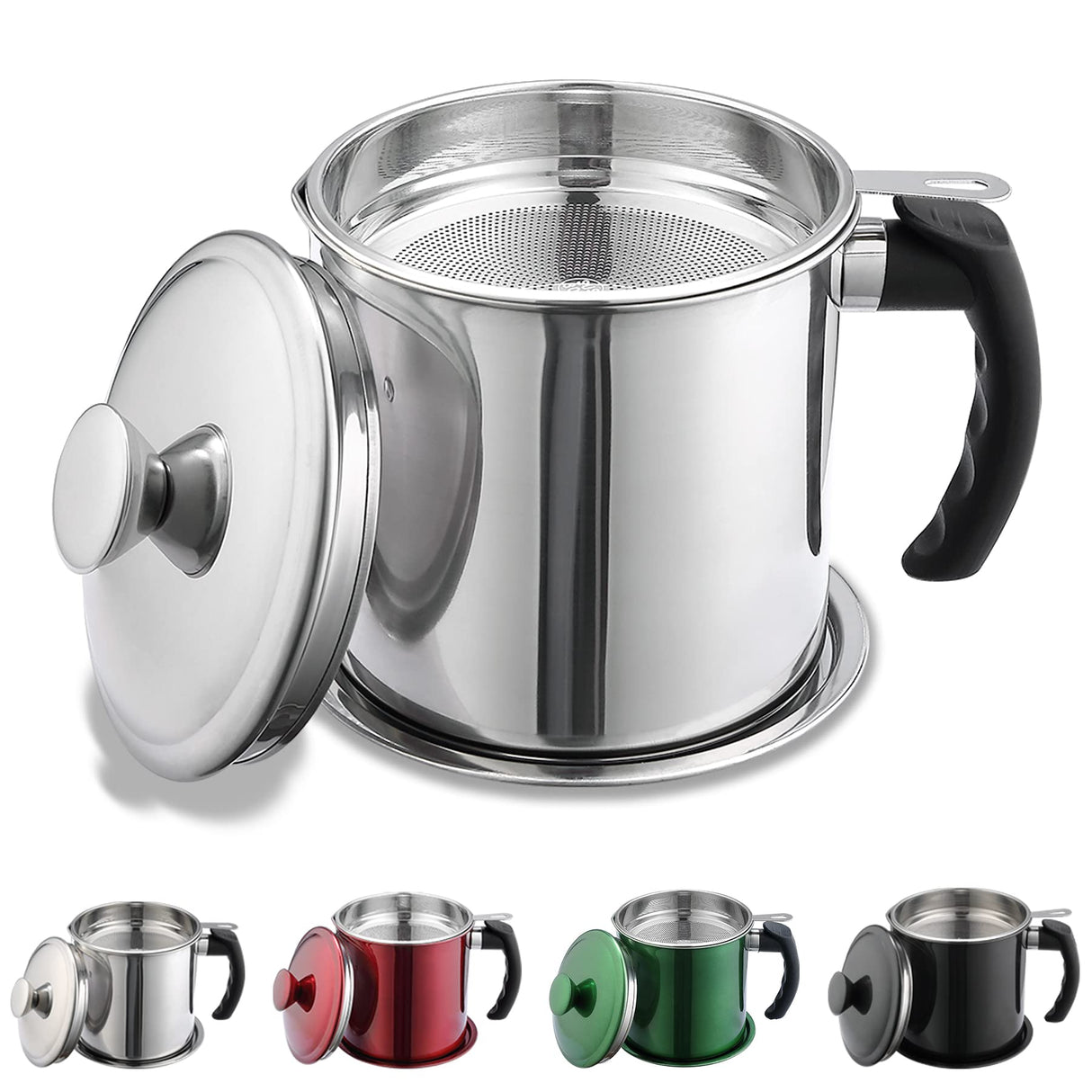 Kyraton Bacon Grease Container With Strainer, 48 oz Stainless Steel Oil Container, Pot Fat Storage With Lid, Easy Grip Handle Suitable For Storing Frying Oil And Cooking Grease 1. Silver Kyraton