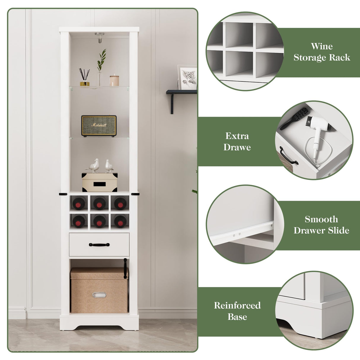 RoyalCraft 75'' Tall Storage Cabinet with LED Light, Farmhouse Pantry Cabinet with Tempered Glass Adjustable Shelves & Wine Storage Rack, Freestanding Linen Tower, White RoyalCraft