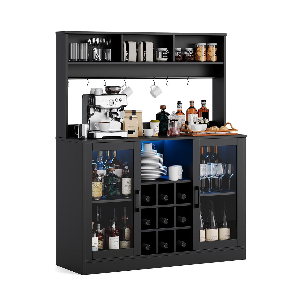 Wine Bar Cabinet, Wine Cabinet with LED Lights, Liquor Cabinet with Storage, Power Socket, Adjustable Shelves, Modern Home Wine Cabinet with 9 Wink Racks and 6 Hooks, Black ShiningLove