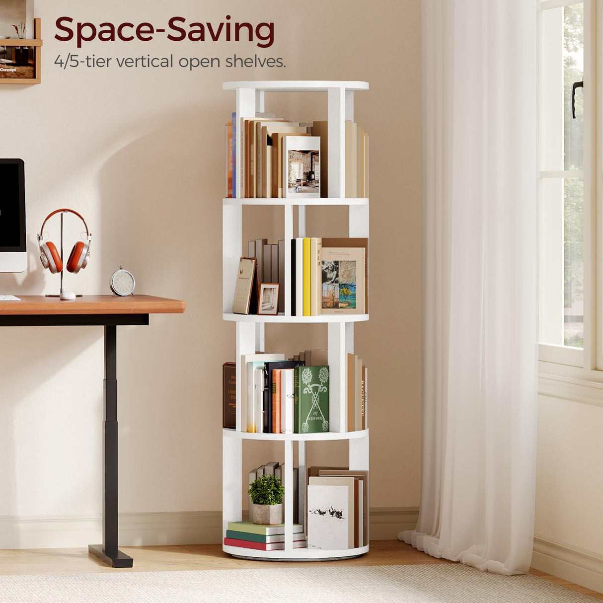MAHANCRIS 4-Tier Rotating Bookshelf, 360° Spinning Bookshelf Tower, Floor Standing Round Revolving Bookcase, Display Rack for Books, CDs, for Living Room, Study, Bedroom, White BKWT6401 MAHANCRIS