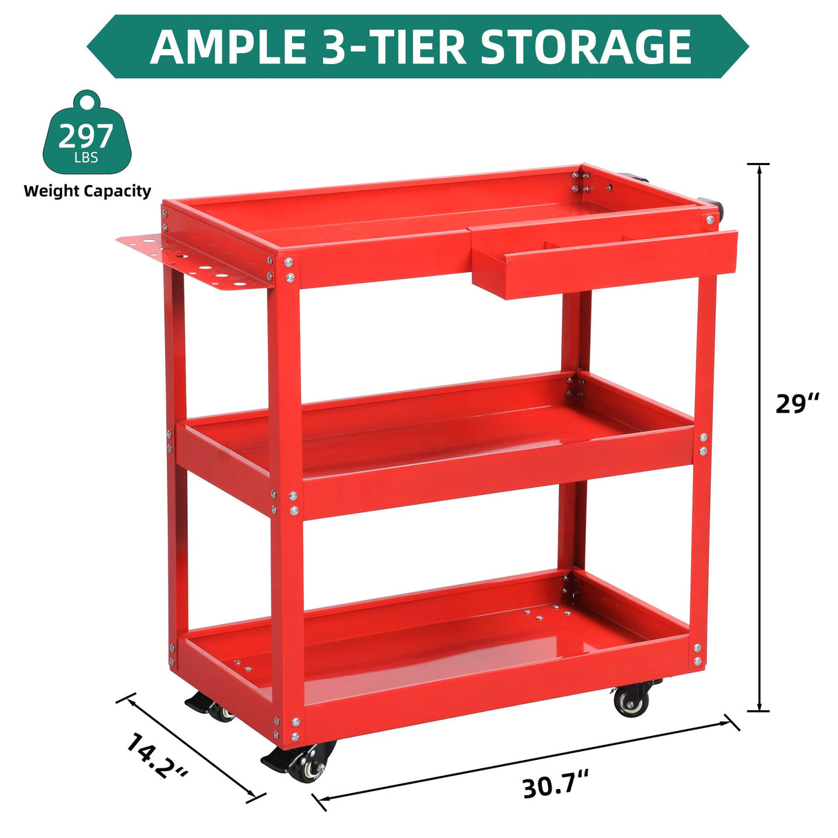 YITAHOME 3-Tier Tool Cart on Wheels, Rolling Metal Service Cart with Screwdriver Hanging Board & Storage Box, Heavy Duty Steel Utility Cart 400lbs Load Capacity for Mechanic Work Garage Warehouse Red YITAHOME