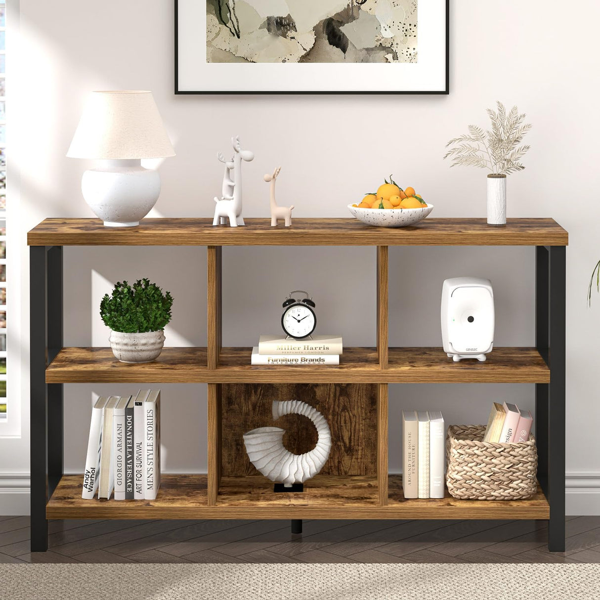 FOLUBAN Industrial Horizontal Bookshelf, 6 Cube Storage Organizer with Shelf, Wood and Metal Cubby Bookcase for Living Room Bedroom, Rustic Brown, 47 Inch FOLUBAN